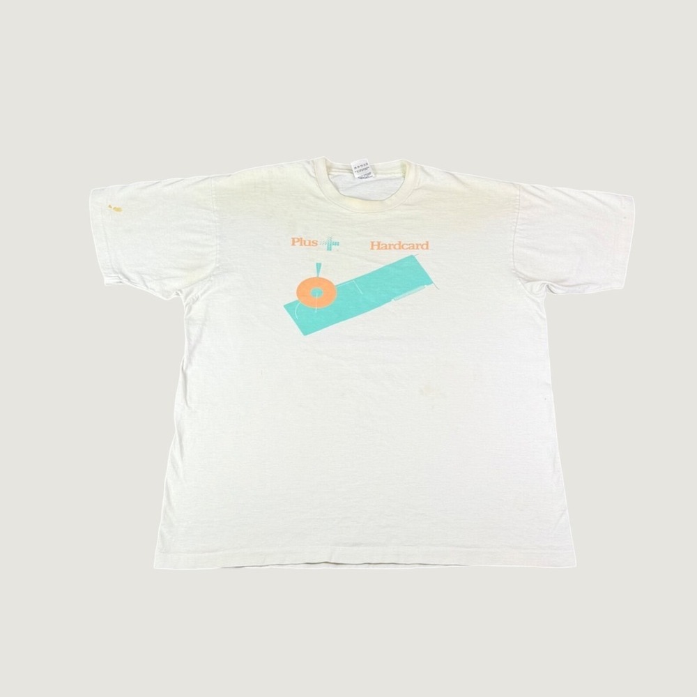 Vintage 1988 Plus Hardcard Softteach Computer Promo T-Shirt Mens XL White USA